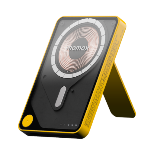 صورة Momax 1-Power X Pro Magnetic Wireless Battery Pack (5000mAh) with Stand and Built-in USB-C Cable (Yellow)