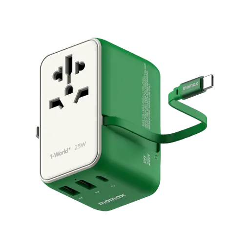 صورة MOMAX 1-WORLD 25W 3 PORT WITH BUILT-IN USB-C CABLE AC TRAVEL ADAPTOR (Green)