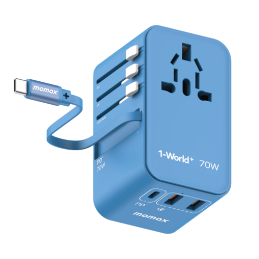 صورة MOMAX 1-WORLD 70W GAN 3 PORT WITH BUILT-IN USB-C CABLE AC TRAVEL ADAPTOR (blue)