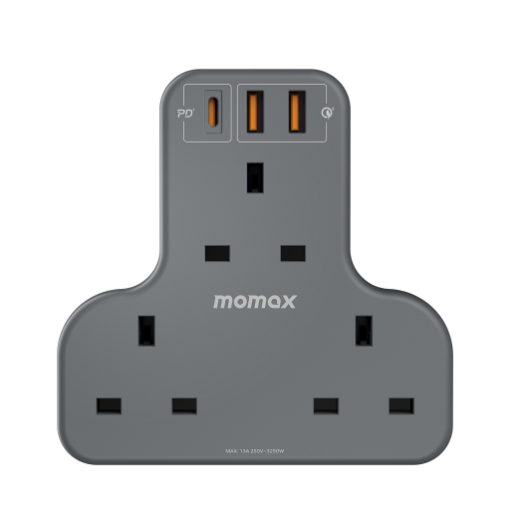 صورة MOMAX 3-OUTLET T-SHAPED EXTENSION SOCKET WITH USB-(US6UKE)-BLACK